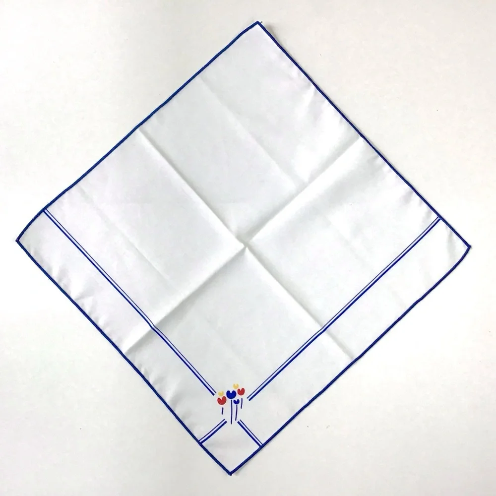 Vintage 1980s Cloth Napkins Set of 4 White Blue Edge Red Yellow Abstract Flower